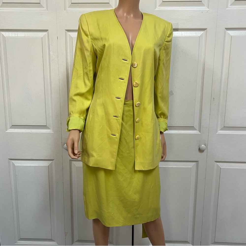 Dana Buchman Lime Green 100% Silk Button-Up Blazer & Skirt Set Belted Sz 12 NWT - Picture 5 of 16